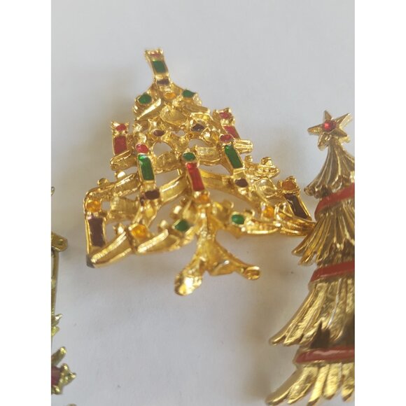 Christmas Tree Brooches (lot of three) Rhinestone, Faux Pearl & Enamel - Picture 2 of 15